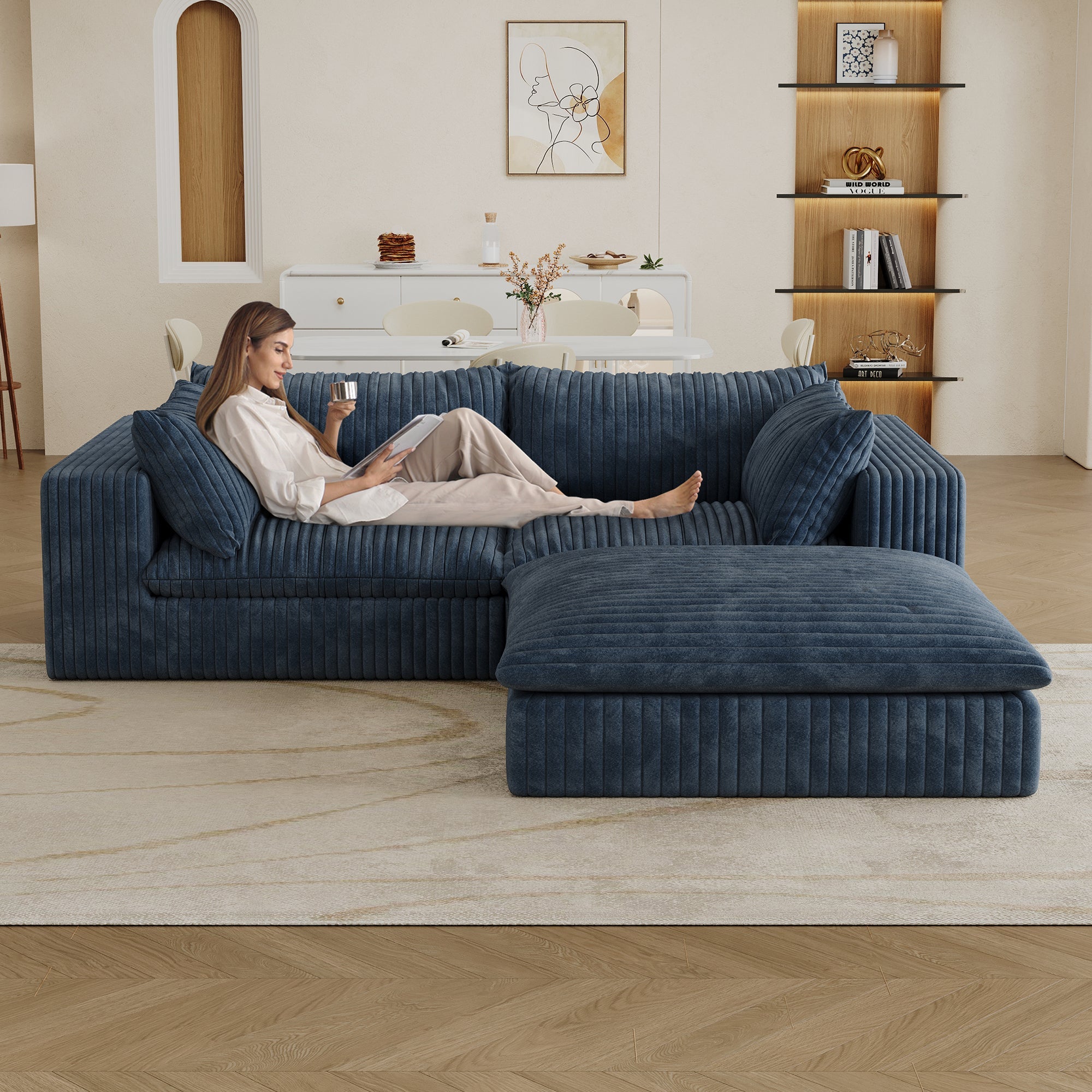 39.8' Cloud Sofa,Corduroy Fabric,Deep Seat Couches,Double-layer design,Removable  Cushion,No Assembly, DIY Combination for Living room, Bedroom,Conference room ,Apartment,Blue