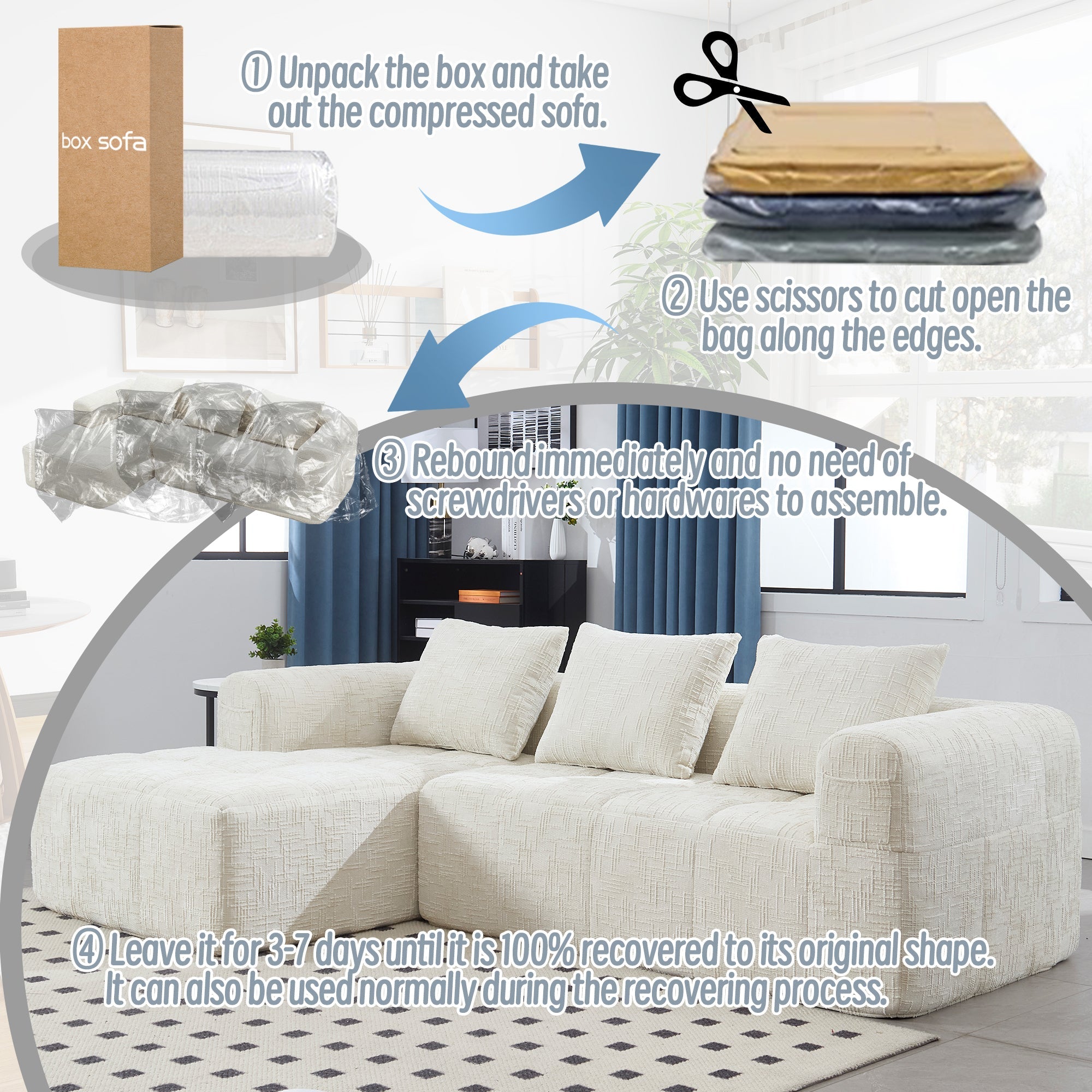 UNITED WE WIN 98.42-inch modular sectional sofa, modern modular L-shaped sofa with chaise longue, equipped with small side pockets and free of compression during installation.