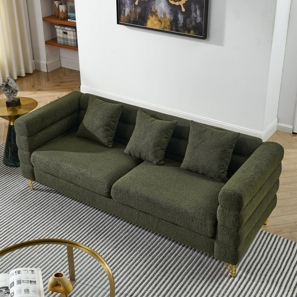 81Inch Oversized 3 Seater Sectional Sofa, Living Room Comfort Fabric Sectional Sofa - Deep Seating Sectional Sofa, Soft Sitting with 3 Pillows for Living Room, Bedroom, Office Green teddy (W834S00033)