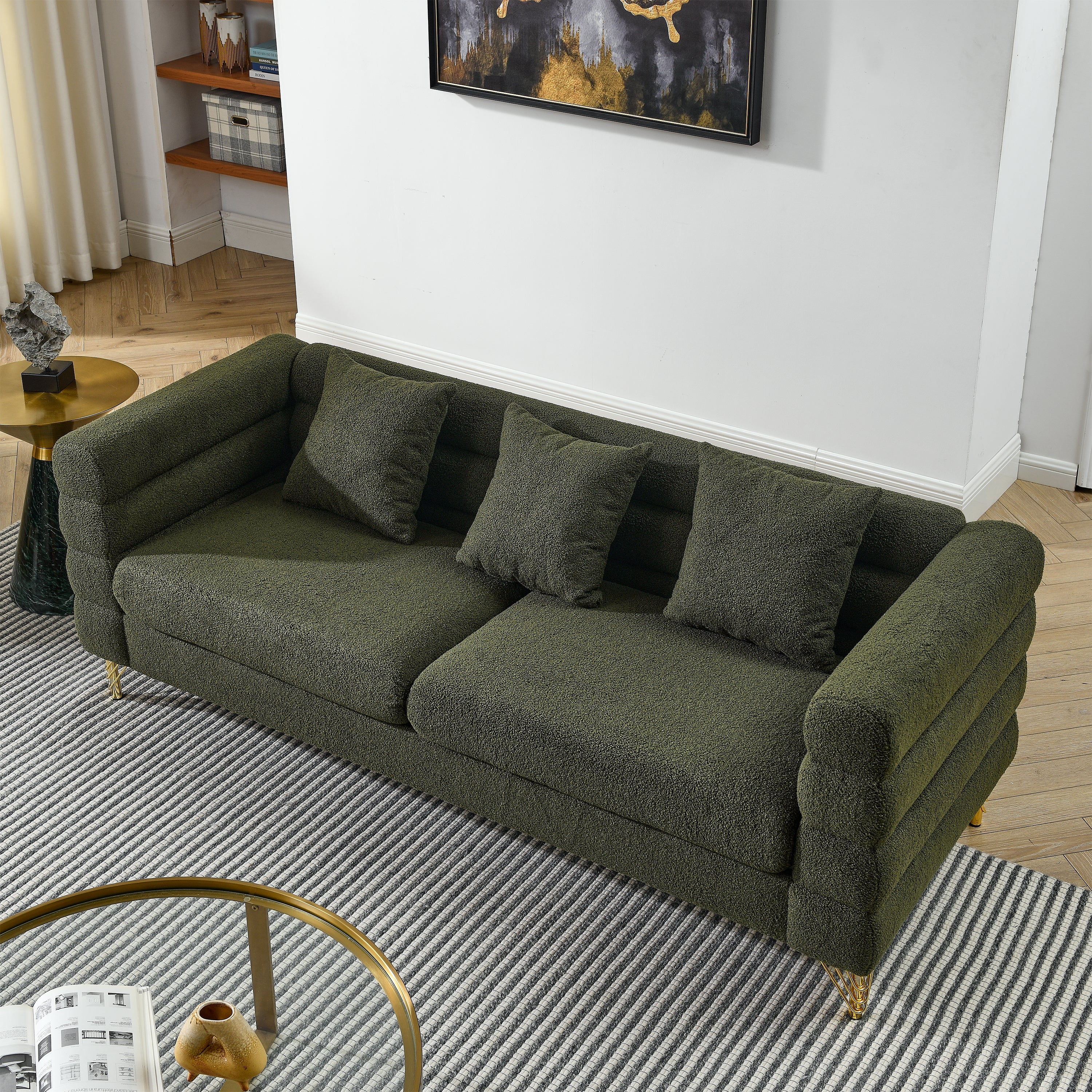 81Inch Oversized 3 Seater Sectional Sofa, Living Room Comfort Fabric Sectional Sofa - Deep Seating Sectional Sofa, Soft Sitting with 3 Pillows for Living Room, Bedroom, Office Green teddy (W834S00033)