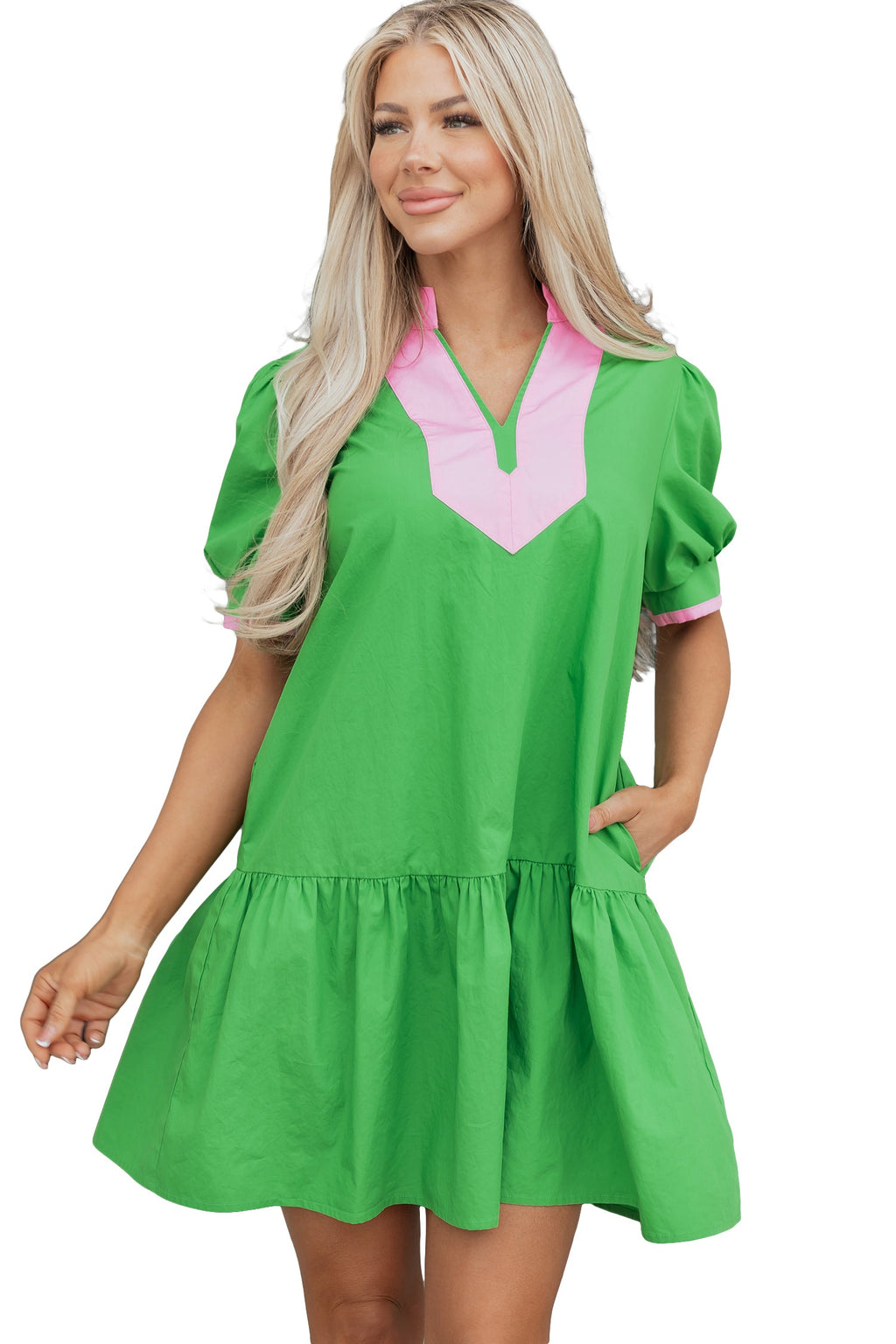 Colorblock Split Neck Puff Sleeve Mini Dress