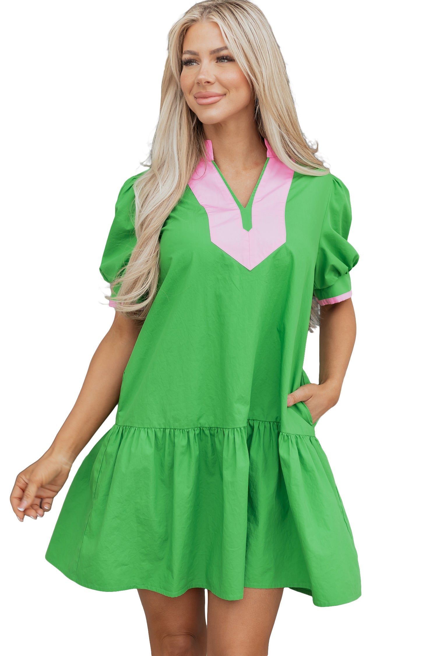 Colorblock Split Neck Puff Sleeve Mini Dress