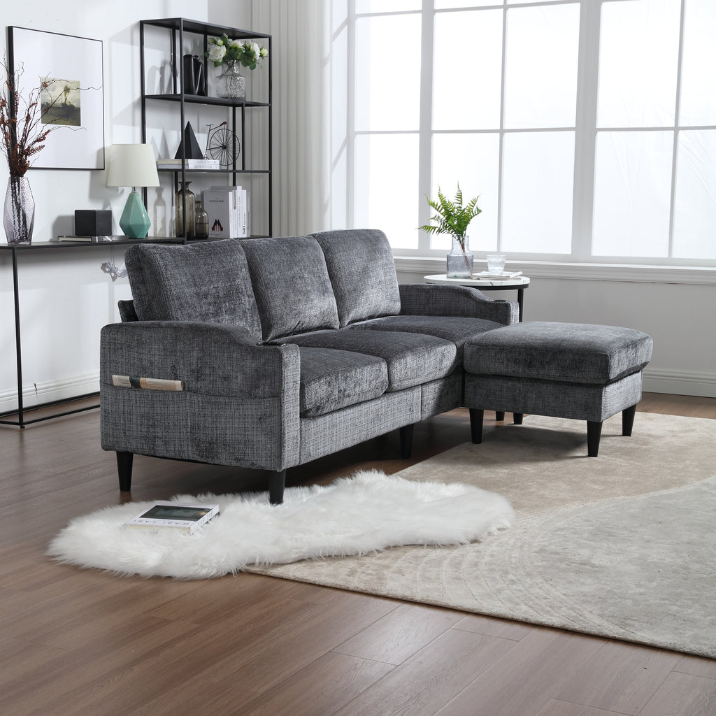 UNITED  WE WIN Sofa for three, solid wood frame, Chenille fabric, side pocket, with two cup holders, footstool with storagestorage sofa /Living room sofa cozy sectional  sofa