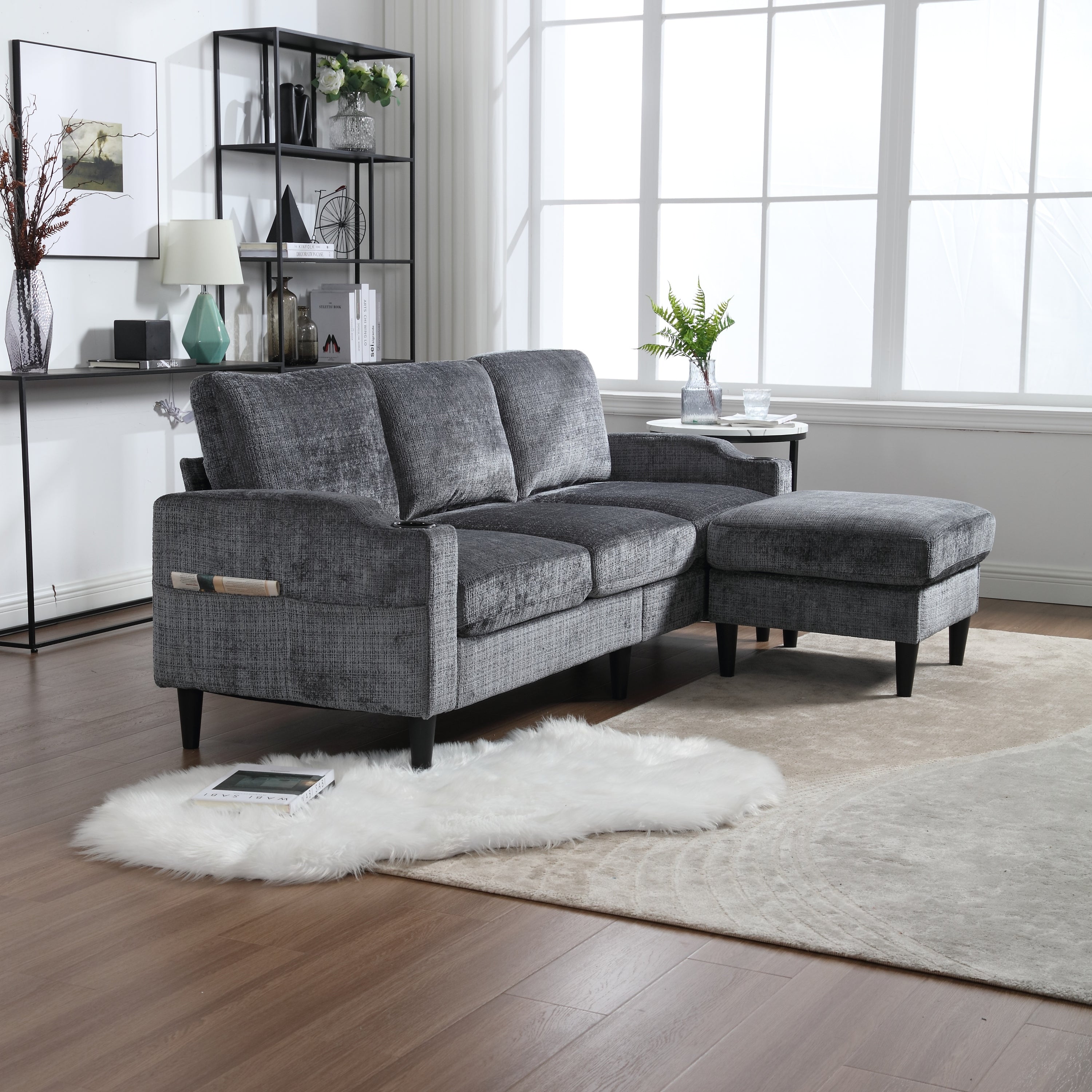 UNITED  WE WIN Sofa for three, solid wood frame, Chenille fabric, side pocket, with two cup holders, footstool with storagestorage sofa /Living room sofa cozy sectional  sofa