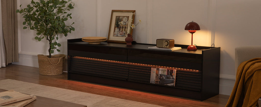 Mirod Modern TV Stand with Ample Storage,4 Drawer Design with Tempered Glass ,Built-in Charging Ports and Ambient LED Lighting ,Versatile for Any Decor Style