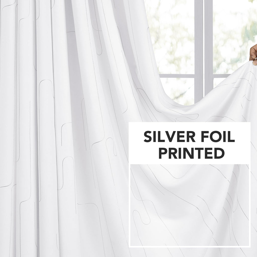 Room Darkening Curtains with Line Foil Print, Navy Blue, 2 Panels