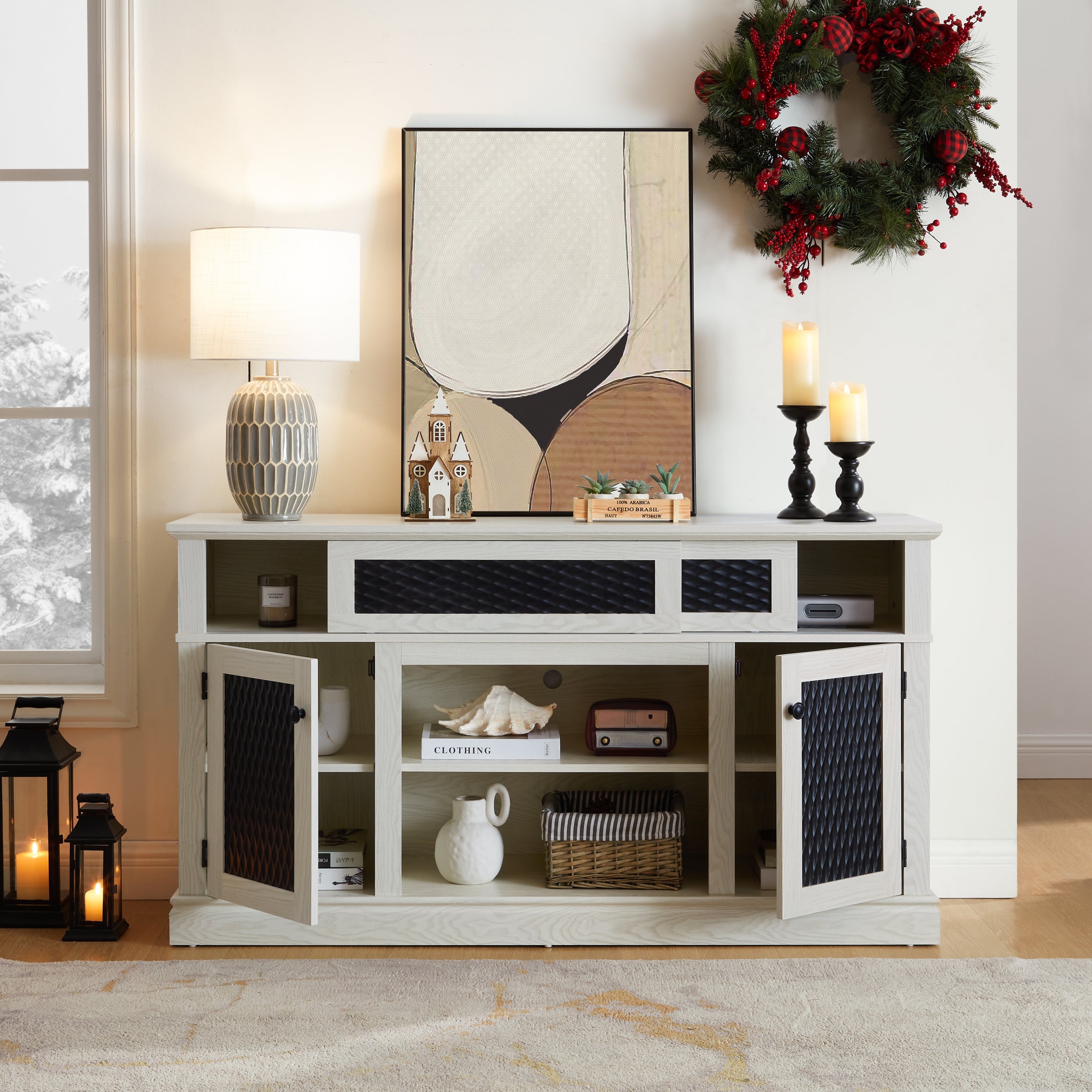 Embossed Pattern TV Stand, TV and Media Console with Open and Closed Storage Space and sliding door for Living Room & Bedroom,White, 58.27'W*15.35'W*31.7H