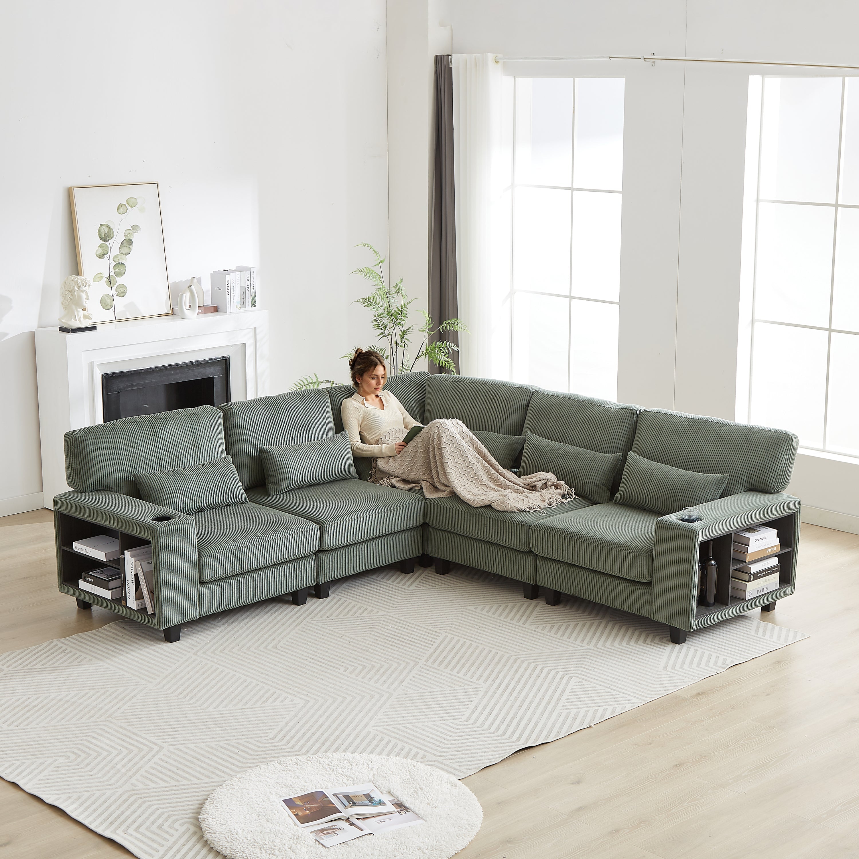 102.75*102.75' L-Shaped Modular Sectional Sofa, Modern Corduroy Sectional Sofa, Arm with Storage With Cup Holder 5-Seat Convertible Sectional Sofa for Living Room, Bedroom, Lounge and Projection Room