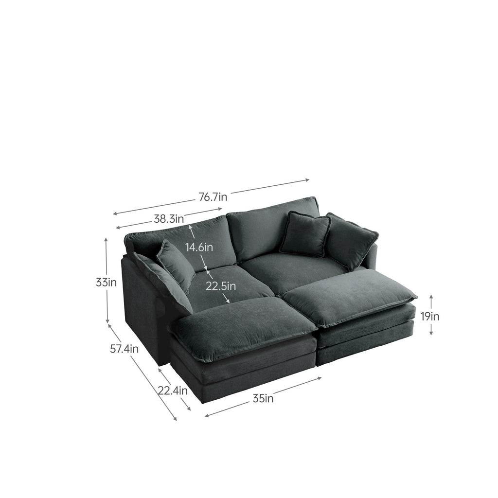 4 - Piece Upholstered Sectional Sofa, 1 - Piece of 2 Seater Sofa and 2- Piece of Ottomans , 2 Seater Loveseat Lounge with Ottomans , Gray Chenille