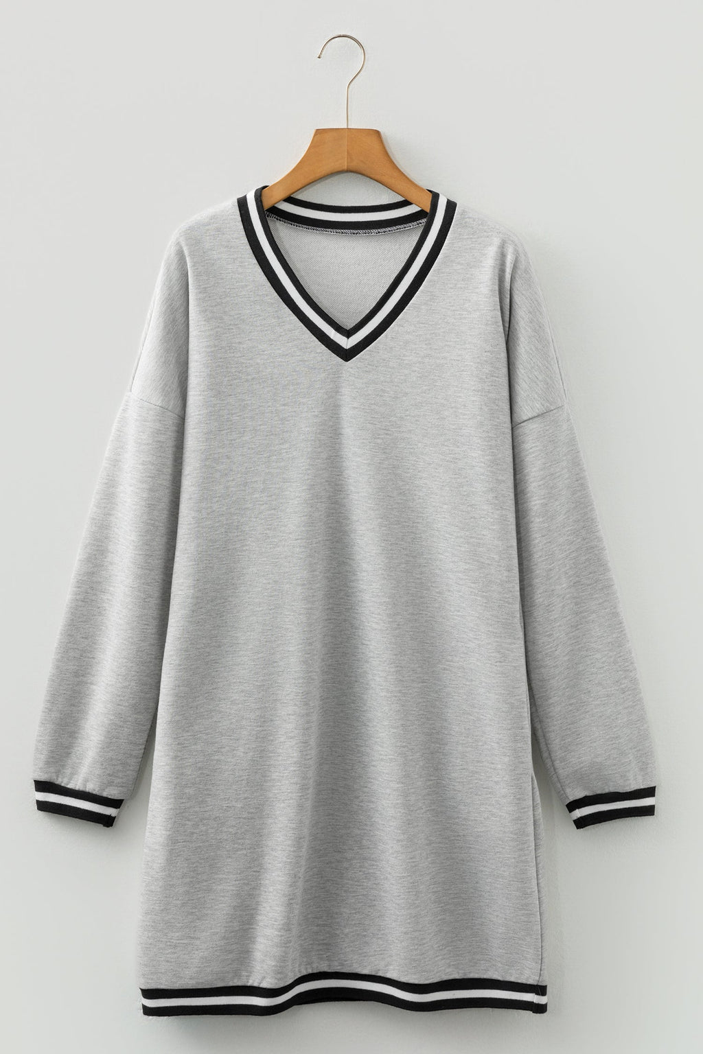 Stripe Trim V-Neck Long Sleeve Preppy T-Shirt Dress