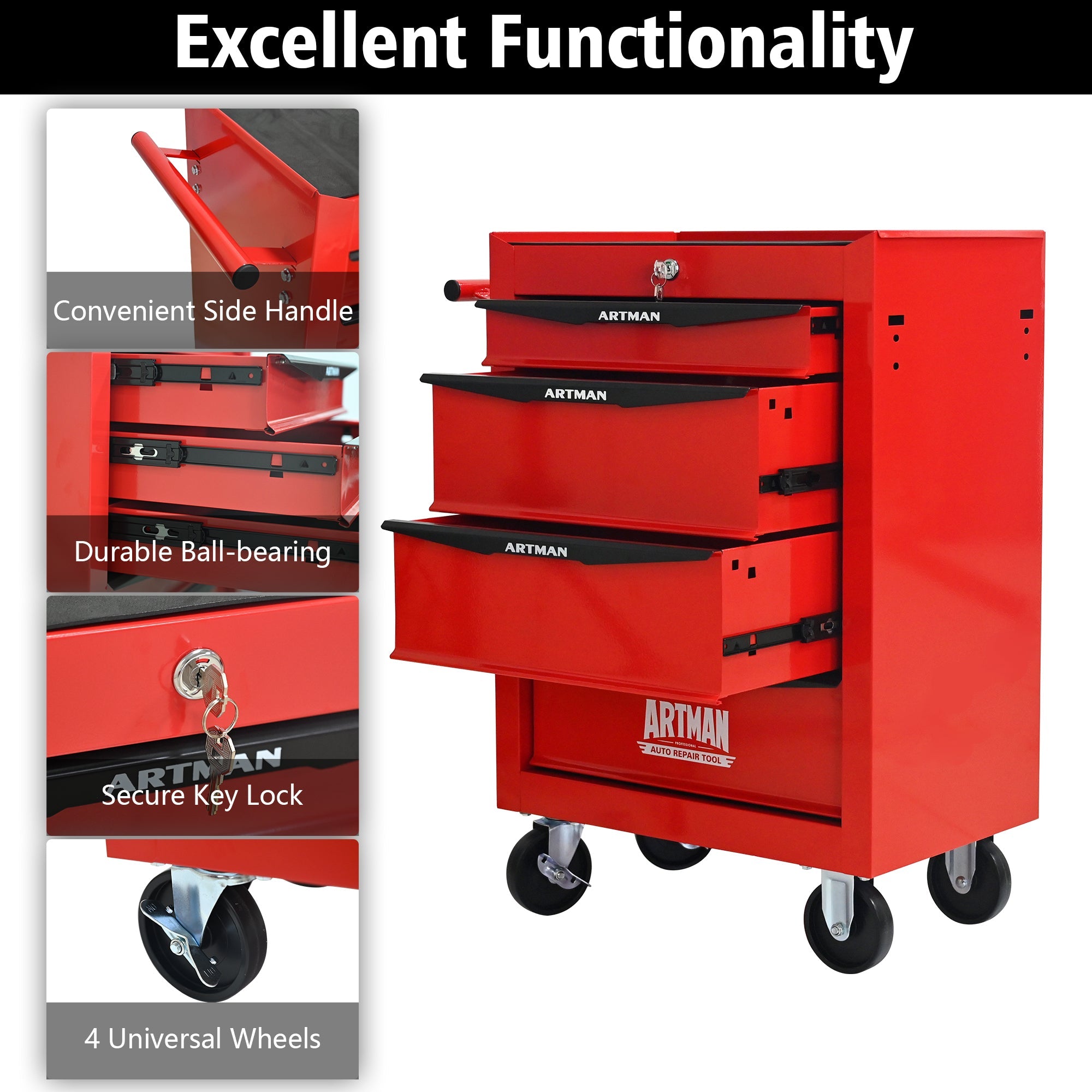 Rolling Metal Tool Chest with 4 Drawers, 20' Steel Storage Cabinet with Ball Bearing Slides, Black and Red Finish