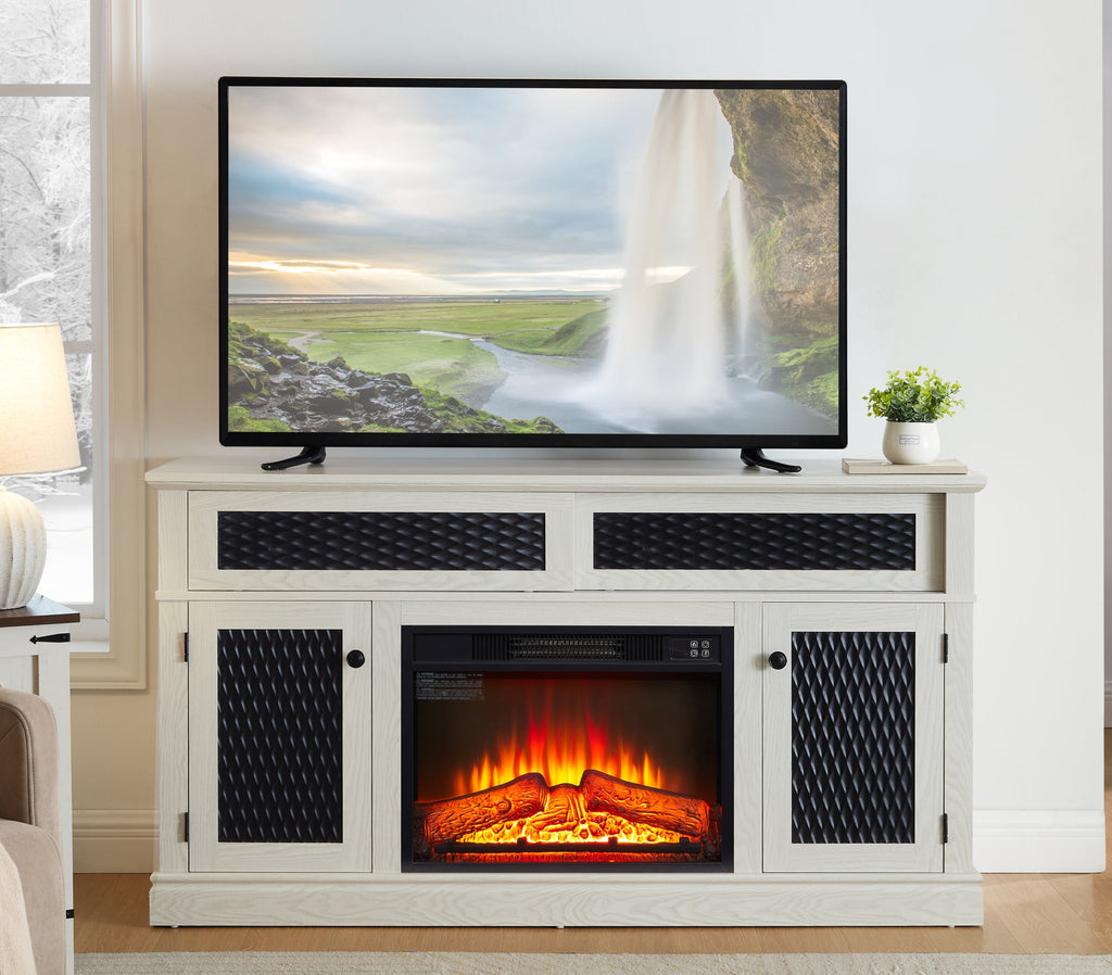 Embossed Pattern TV Stand with 23' fireplace insert,, TV and Media Console with Open and Closed Storage Space and sliding door for Living Room & Bedroom,White, 58.27'W*15.35'W*31.7H