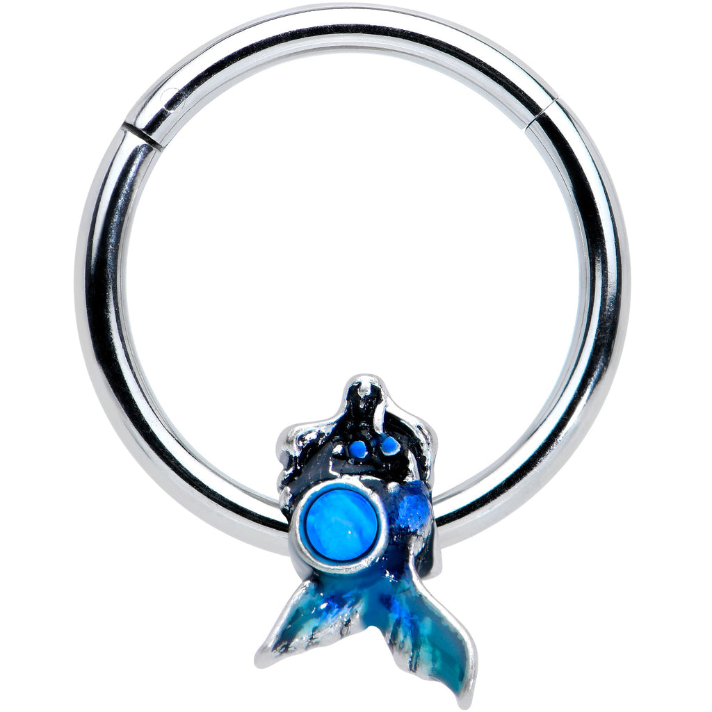 16G 3/8 Blue Synthetic Opal Blue Tail Mermaid Hinged Segment Ring