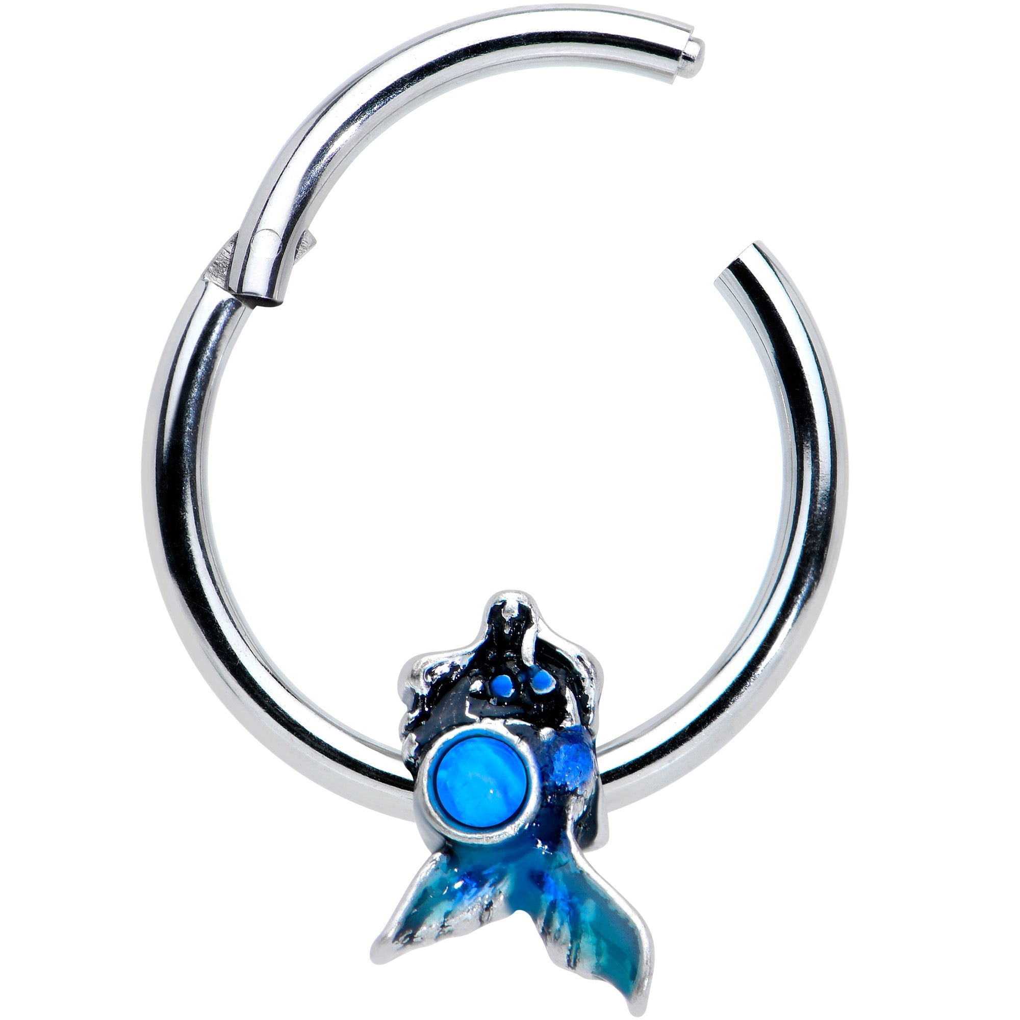 16G 3/8 Blue Synthetic Opal Blue Tail Mermaid Hinged Segment Ring