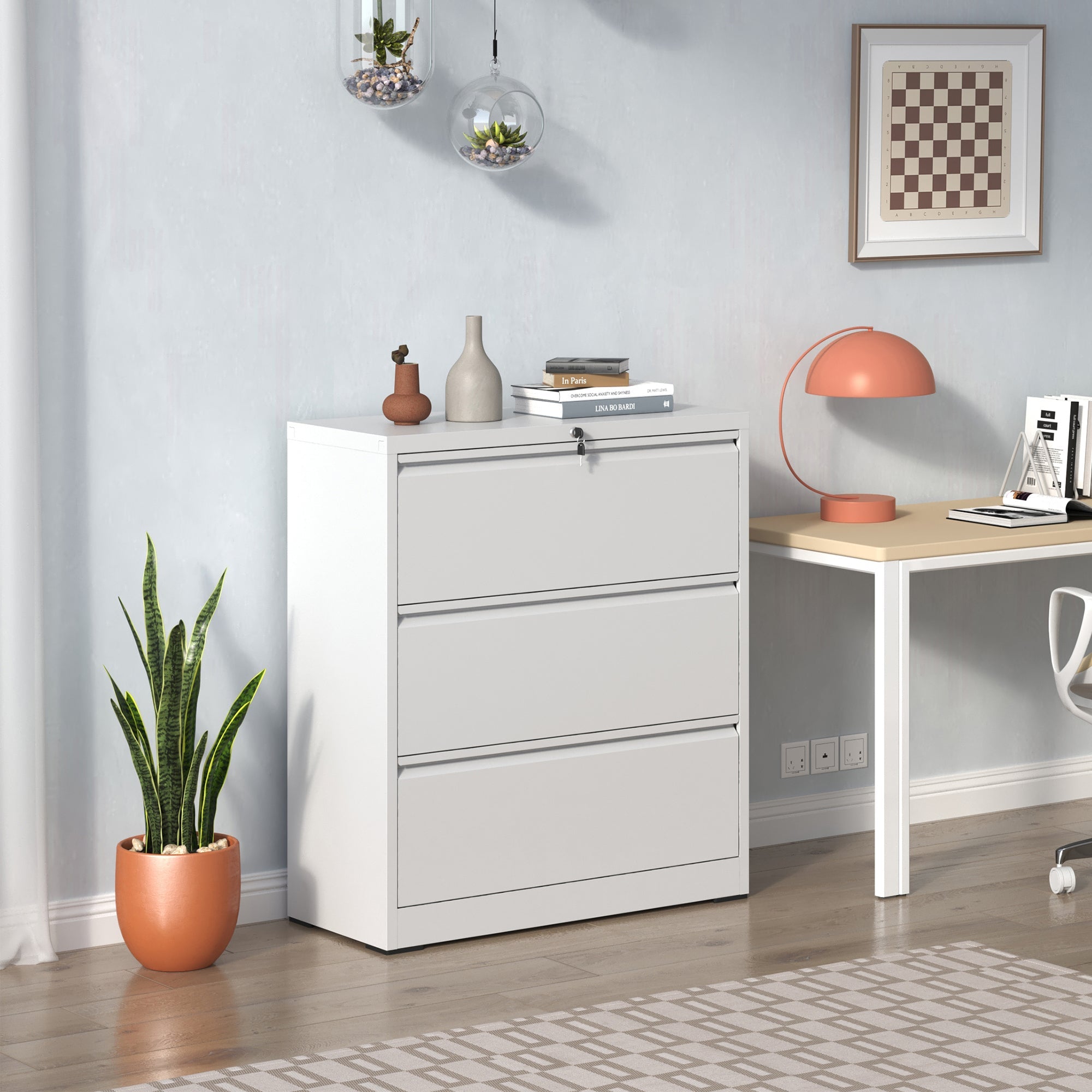 Modern White 3-Drawer Lateral File Cabinet with Lock for Home Office, Metal Filing Cabinet for Legal/Letter/A4/F4 Files