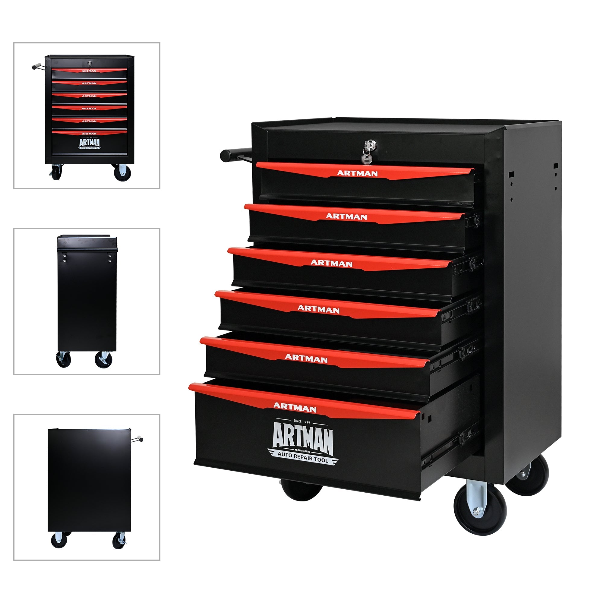 Rolling Metal Tool Chest with 6 Drawers, 20' Steel Storage Cabinet with Ball Bearing Slides, Black and Red Finish