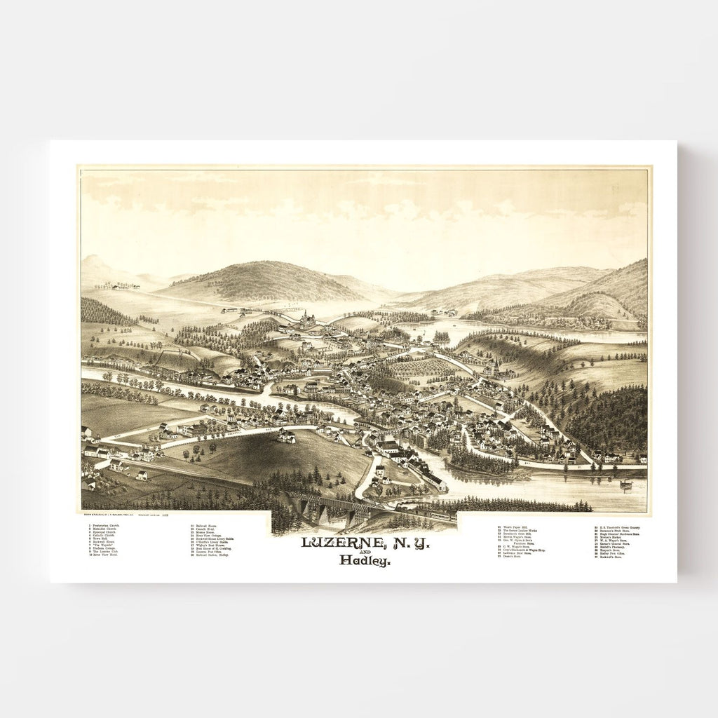 Vintage Map of Luzerne & Hadley, New York 1888