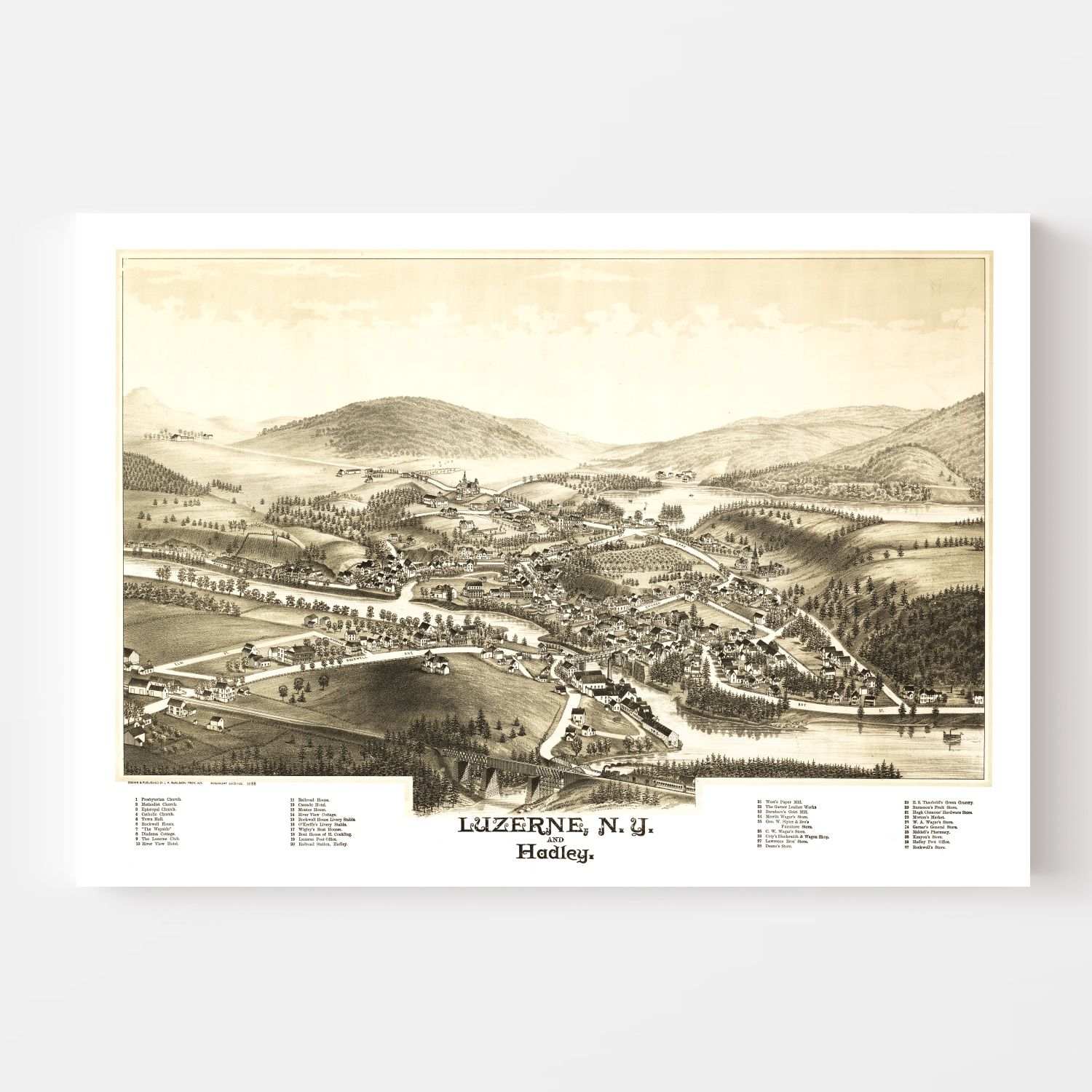 Vintage Map of Luzerne & Hadley, New York 1888