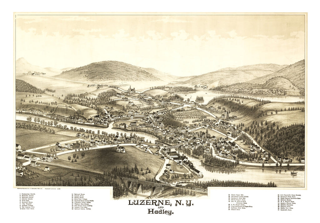 Vintage Map of Luzerne & Hadley, New York 1888