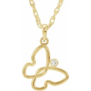 14K Yellow Gold .02 CT Natural Diamond Butterfly 18" Necklace
