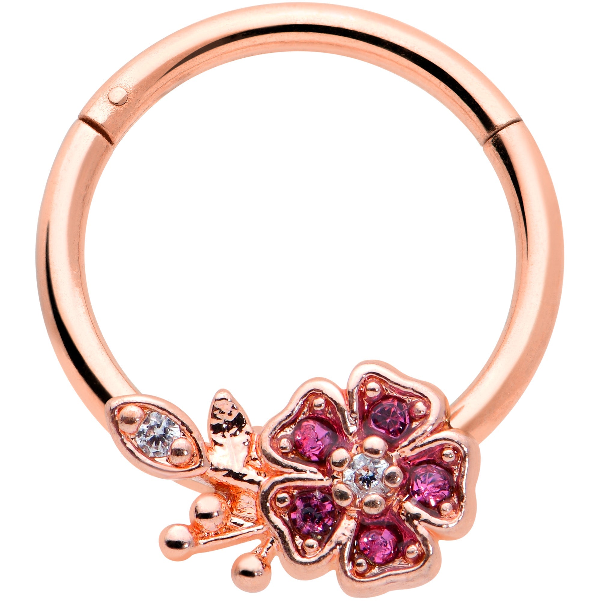 16G 3/8 Pink Gem Rose Gold Tone Heart Flower Hinged Segment Ring