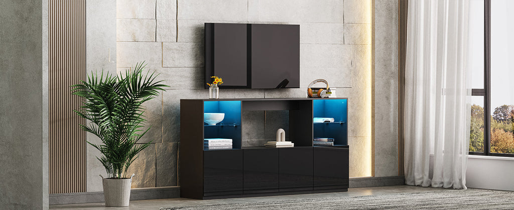ON-TREND High Gloss TV Stand with LED Lights, Modern Sideboard with Large Storage Cabinet, Media Console with Tempered Glass Shelves for TVs up to 75', Living Room, Black, 67'Wx13.7'D