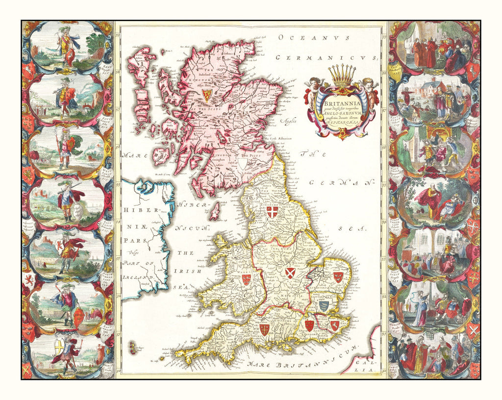 Vintage Map of the Saxon Kingdoms of Britain 1665