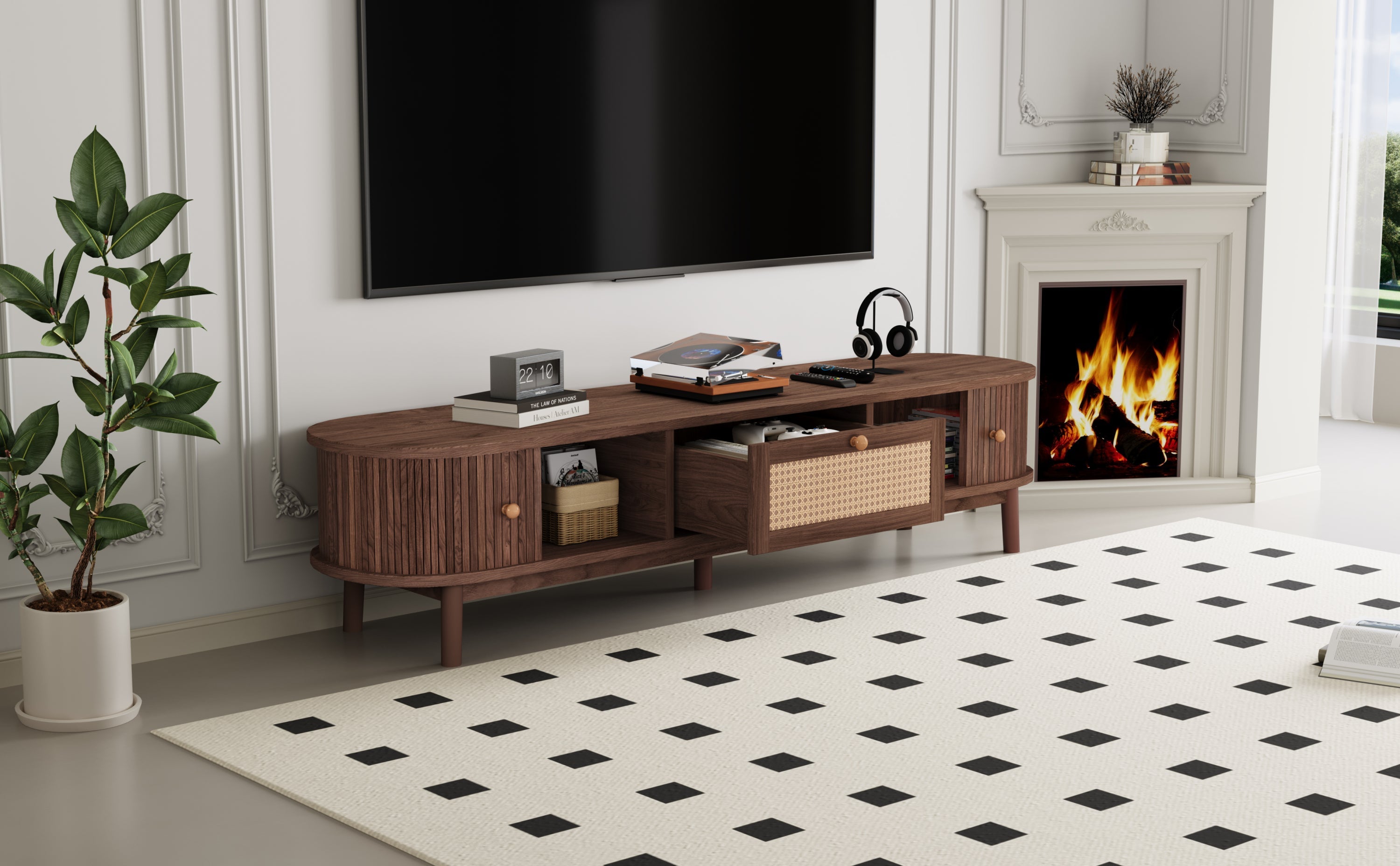 Modern Design TV Stand for 75' TVs, Media Console TV Cabinet with Rattan-Front Drawer for Living Room, 1 Drawer and 2 Sliding-Door Cabinets