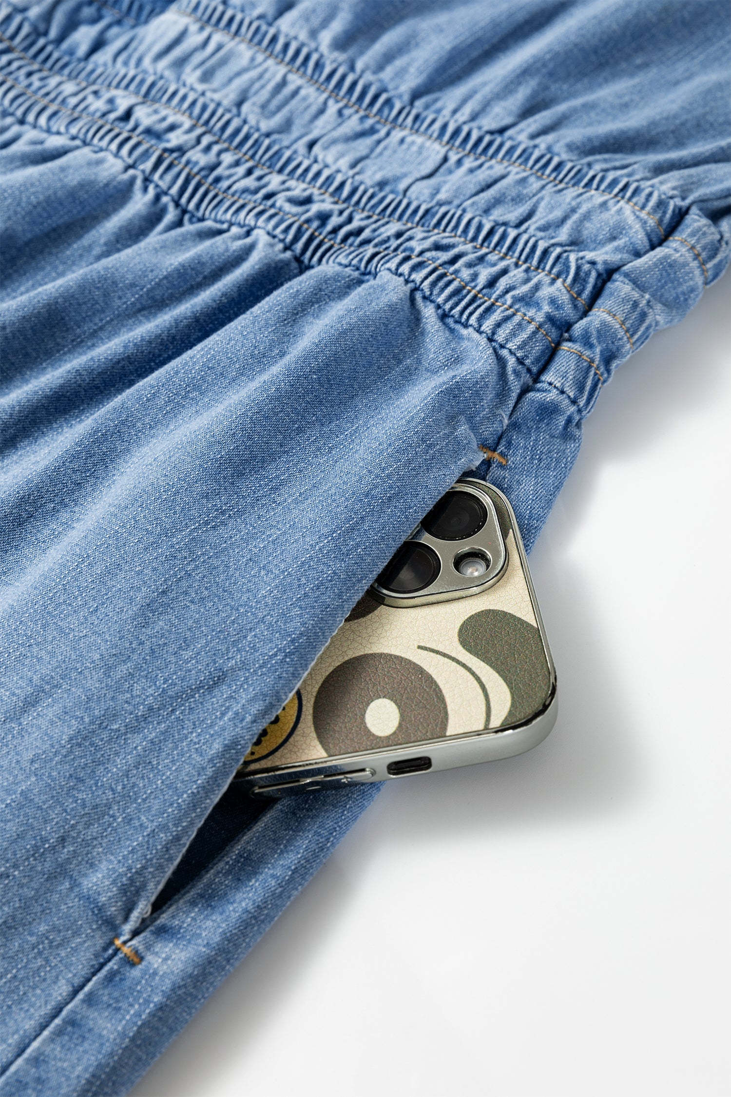 Elastic Waist Short Sleeve Denim Mini Dress