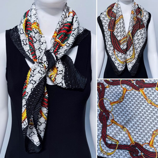 White Silk Feel Pleated Scarf With Rhinestones