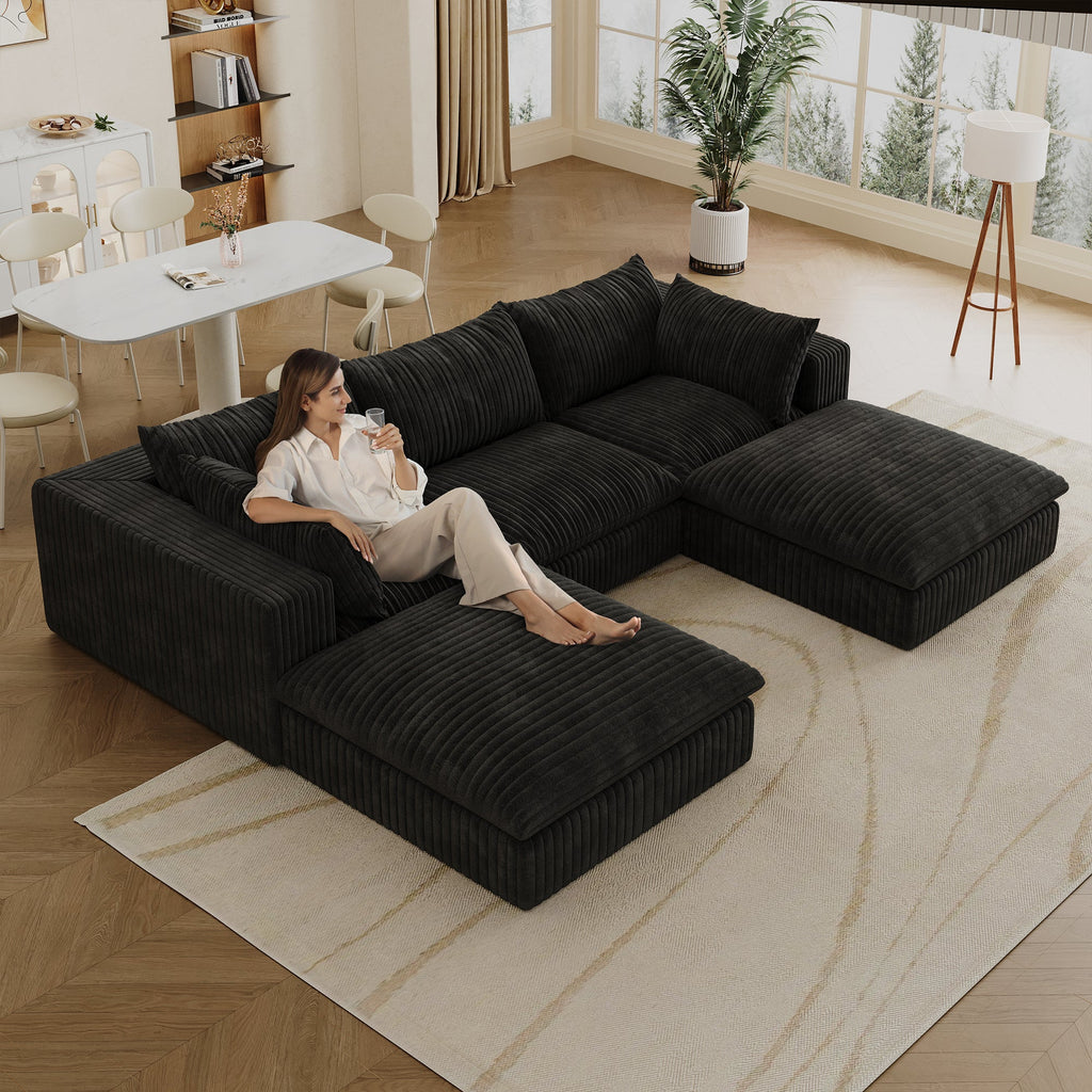 118.2' Cloud Sofa,Corduroy Fabric,Deep Seat Couches,Double-layer design,Removable Cushion,No Assembly, DIY Combination for Living room, Bedroom,Conference room ,Apartment,Black