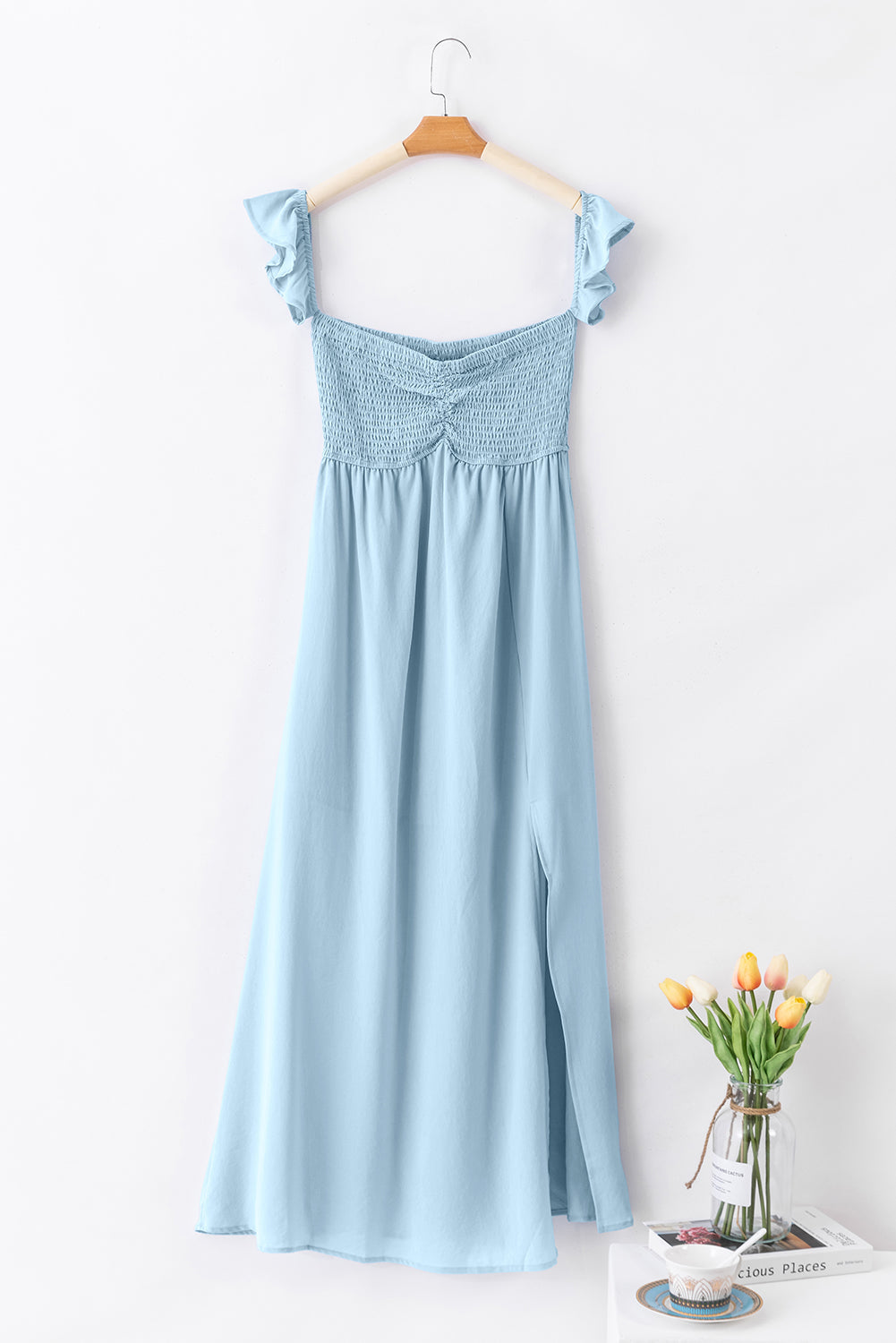 Off Shoulder Ruched Bust Sheer Slit Maxi Dress
