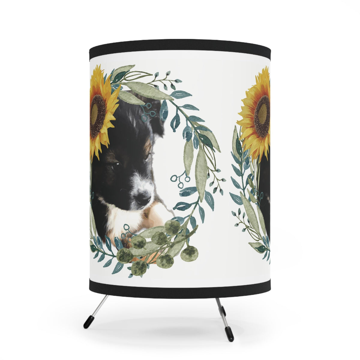 Cute Black Puppy with Sunflower Hat Tripod Lamp Printed Shade