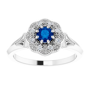 Platinum Natural Blue Sapphire & .06 CTW Natural Diamond Ring Vintage-Inspired Halo-Style Ring