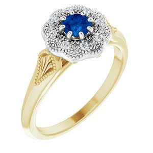 14K Yellow/White Gold Natural Blue Sapphire & .06 CTW Natural Diamond Ring Vintage-Inspired Halo-Style Ring