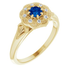 14K Yellow Gold Natural Blue Sapphire & .06 CTW Natural Diamond Ring Vintage-Inspired Halo-Style Ring