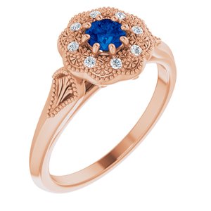 14K Rose Gold Natural Blue Sapphire & .06 CTW Natural Diamond Ring Vintage-Inspired Halo-Style Ring