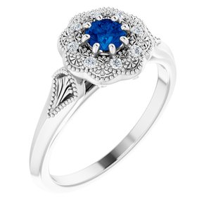Platinum Natural Blue Sapphire & .06 CTW Natural Diamond Ring Vintage-Inspired Halo-Style Ring