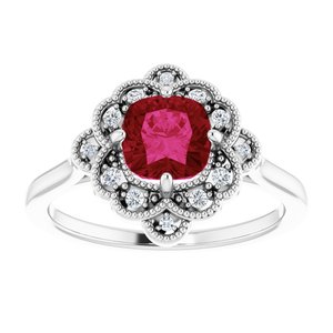 Sterling Silver Lab-Grown Ruby & .08 CTW Natural Diamond Halo-Style Ring