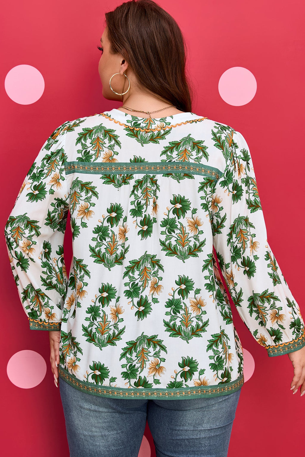 Plus Size Floral Patchwork Tassel Tie Blouse