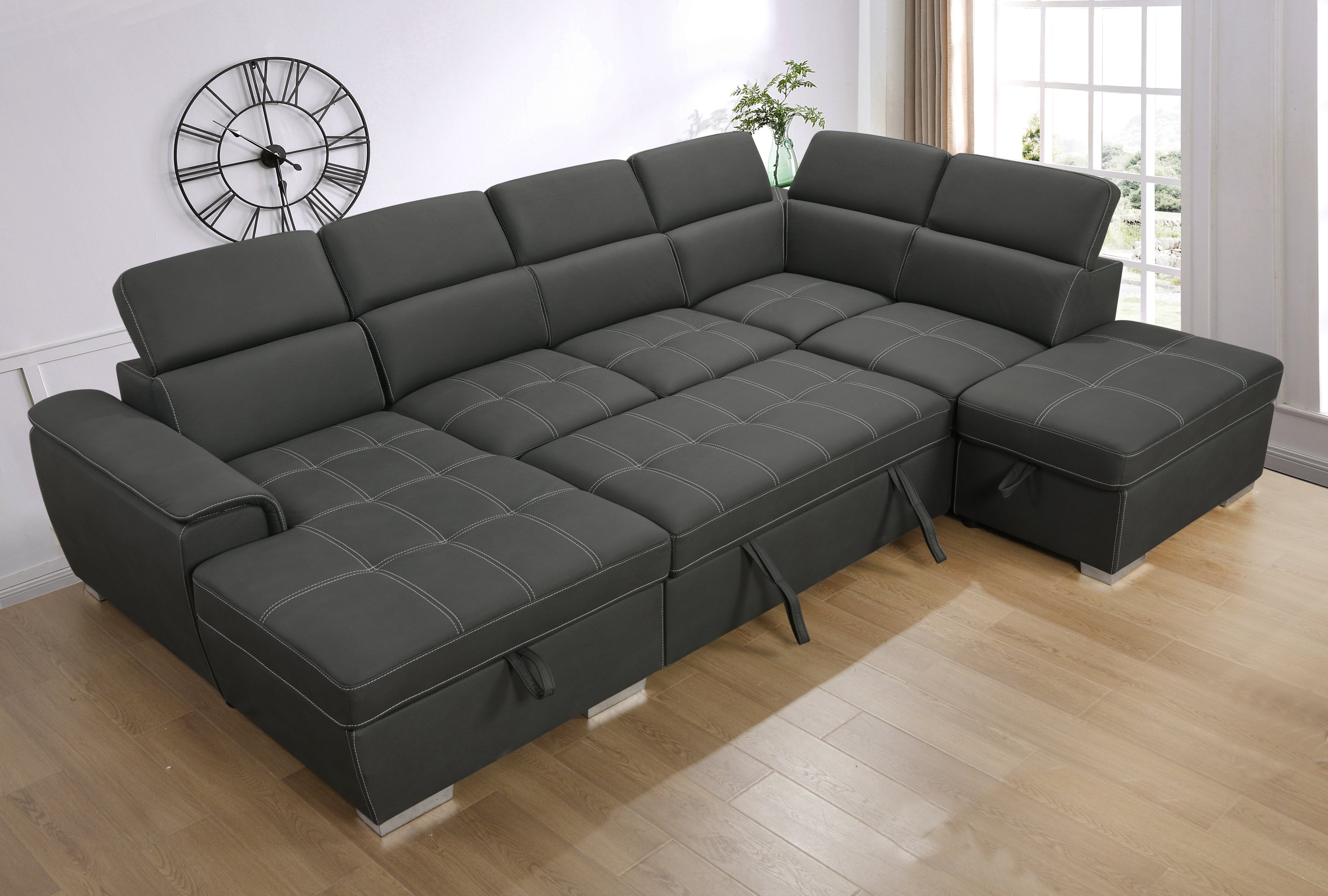 128'Sofa U Shaped Sectional Couch with Ottomans Reversible Modular Sofa 7 Seater Couch with Storage Seat,Living Room Furniture Sofa Sets with Adjustable Headrest, Grey