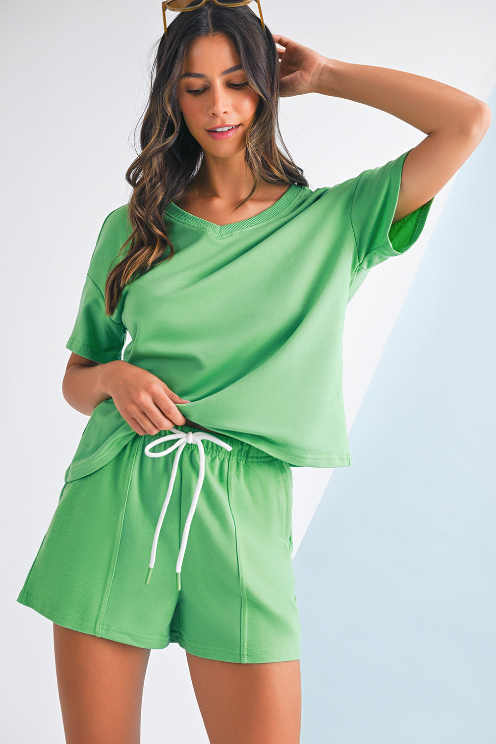Women's V-neck Drop Shoulder Tee and Drawstring Shorts Set