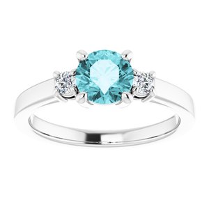 14K White Gold 6 mm Round Natural Blue Zircon & 1/8 CTW Natural Diamond Ring