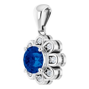 14K White Gold Lab-Grown Blue Sapphire & 1/8 CTW Natural Diamond Pendant
