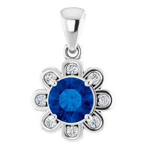 14K White Gold Lab-Grown Blue Sapphire & 1/8 CTW Natural Diamond Pendant