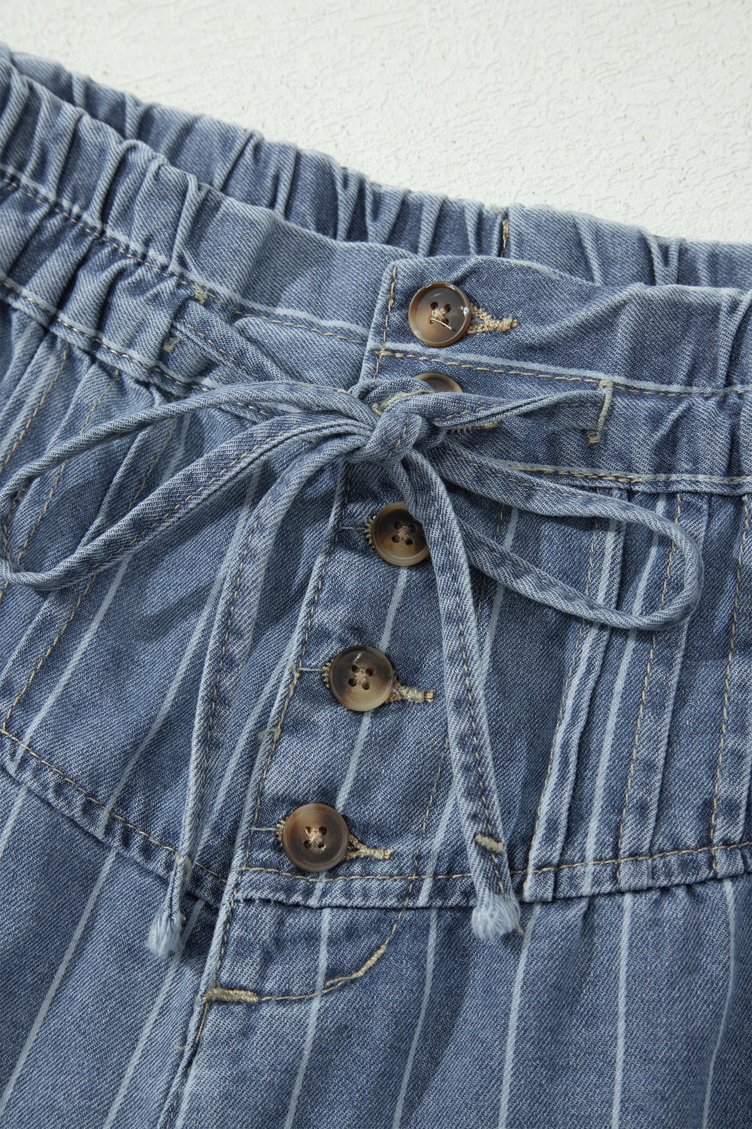 Stripe Denim Pleated Drawstring High Waist Shorts