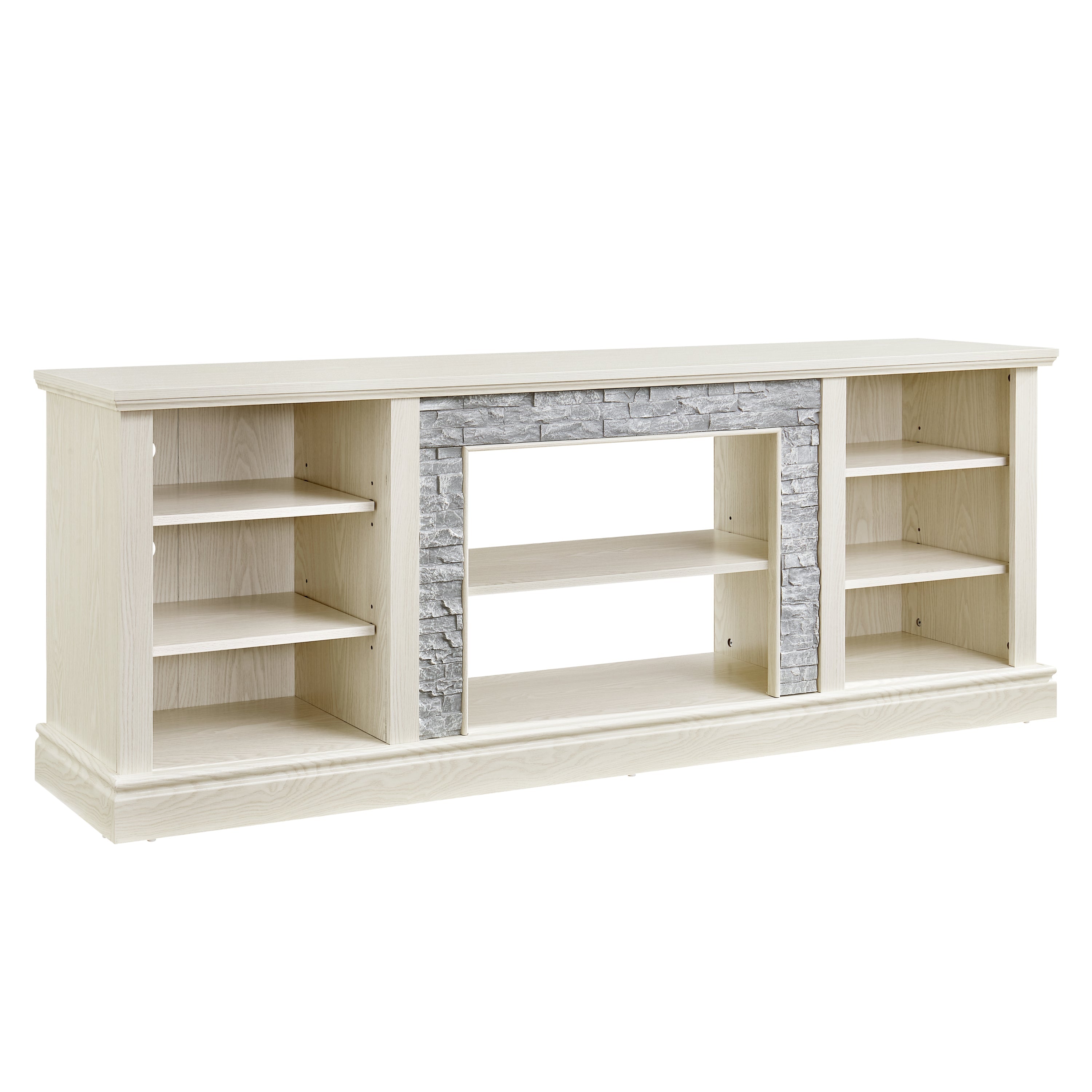 Large TV Desk Storage Rack with Faux Stacked Stone Surround,Media Console Table with Large Storage Cabinet,Modern TV Media Entertaionment Stand,WHITE, 70.12'W*15.35'D*25.83'H