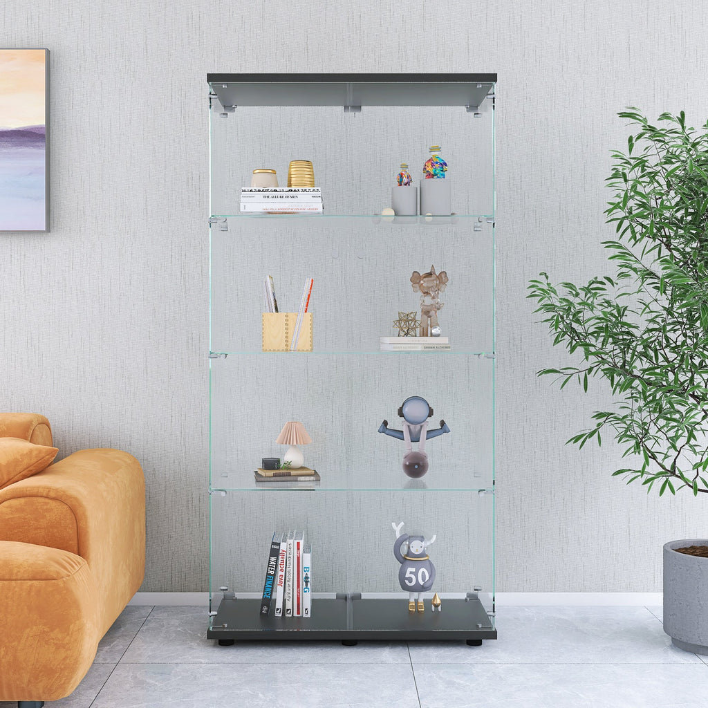Two-door Glass Display Cabinet 4 Shelves with Door, Floor Standing Curio Bookshelf for Living Room Bedroom Office,  64.7'*31.7'*14.3',Black