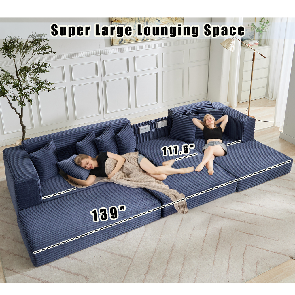 [NEW ARRIVED] [VIDEO PROVIDED] Oversize Cloud Sectional Couch, L-Shape Sofa, Convertible Floor Sleeper Sofa Bed, No Assembly ,Eight pillows,3-in-1,Magazine bag,(Right Facing Sofa),3 Seat,Corduroy,Blue