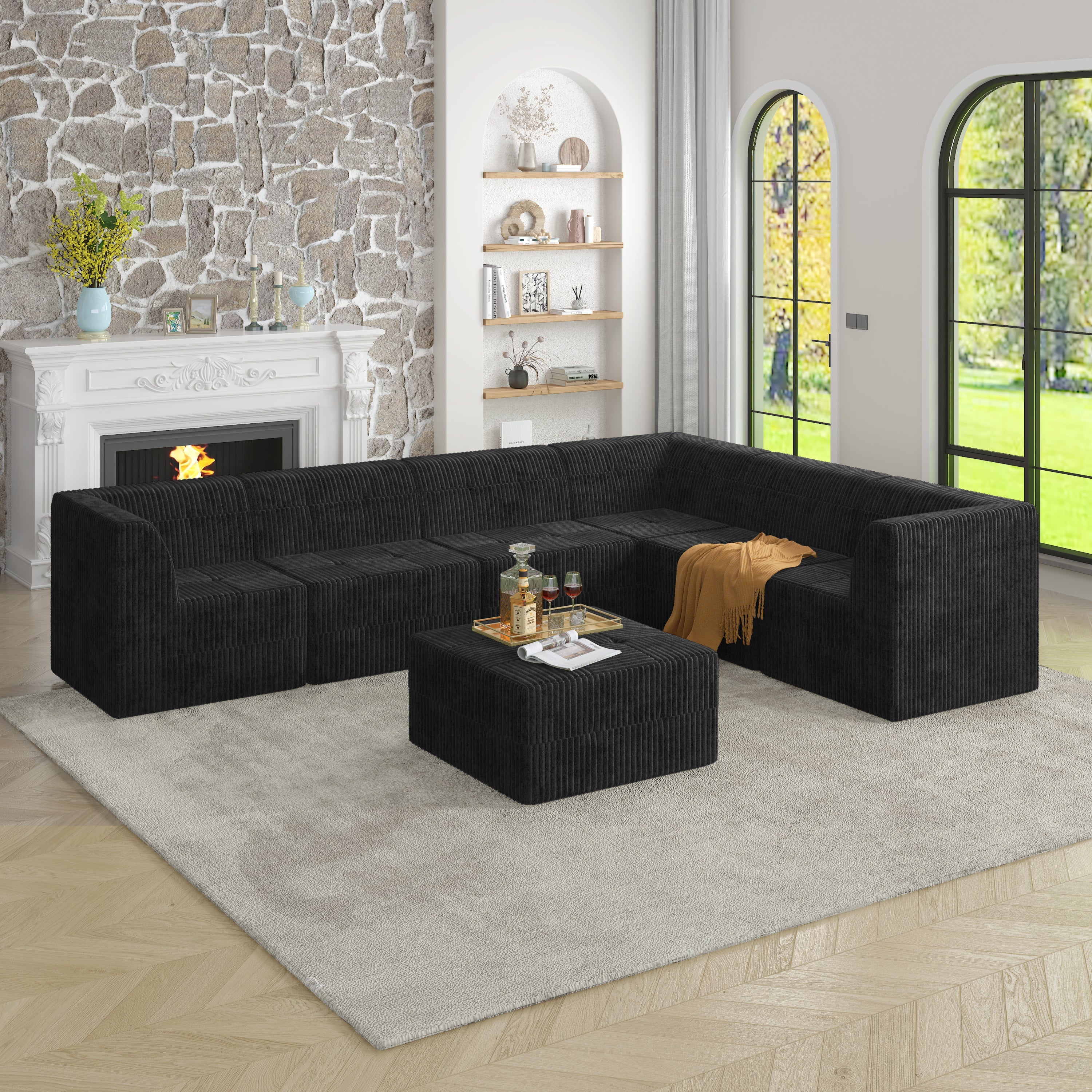 L shape Modular Sectional Sofa,DIY Compressed Sectional Sofa Modern Minimalist Style Corduroy Couch, Sleeper Sofa for Living Room, Bedroom, Comfy Compressed Sofa Couch Space-Efficient Design-black